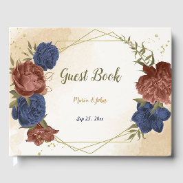 terracotta marine blauw bloemenbruiloft gastenboek