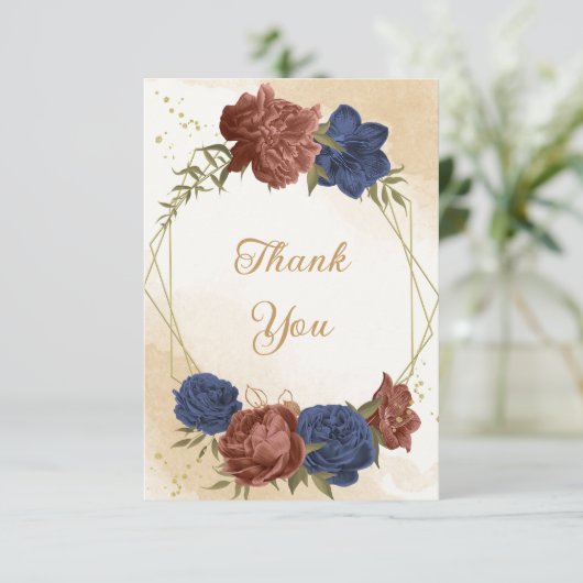 terracotta marine blauw bloemengroen bruiloft bedankkaart (Staand voorkant)