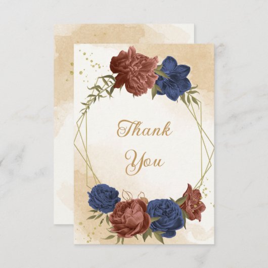 terracotta marine blauw bloemengroen bruiloft bedankkaart (Voorkant / Achterkant)
