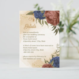 terracotta marine blauw bloemengroen bruiloft informatiekaartje