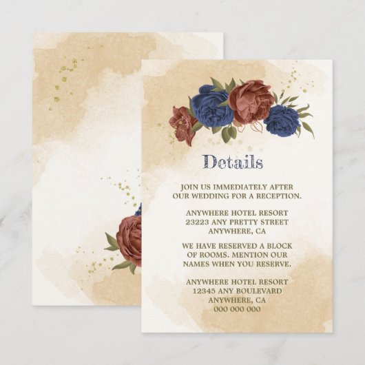 terracotta marine blauw bloemengroen bruiloft informatiekaartje (Voorkant / Achterkant)