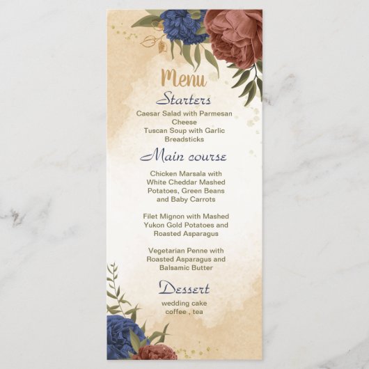 terracotta marine blauw bloemengroen bruiloft menu (Voorkant)