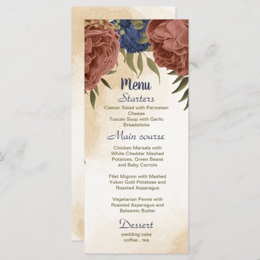 terracotta marine blauw bloemengroen bruiloft menu (Voorkant / Achterkant)