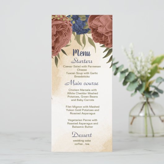 terracotta marine blauw bloemengroen bruiloft menu (Staand voorkant)
