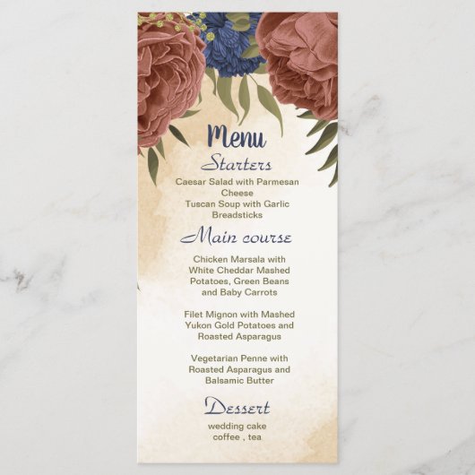 terracotta marine blauw bloemengroen bruiloft menu (Voorkant)