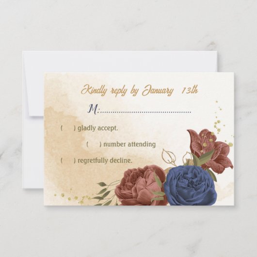 terracotta marine blauw bloemengroen bruiloft RSVP kaartje (Voorkant)