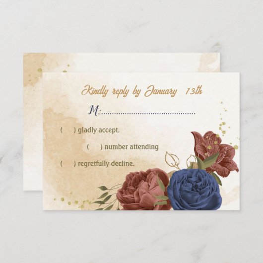 terracotta marine blauw bloemengroen bruiloft RSVP kaartje (Voorkant / Achterkant)
