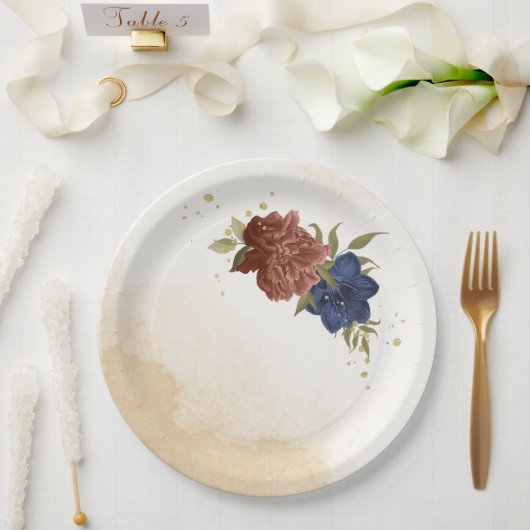 terracotta marine blauw bloemengroen papieren bordje (Huwelijk)