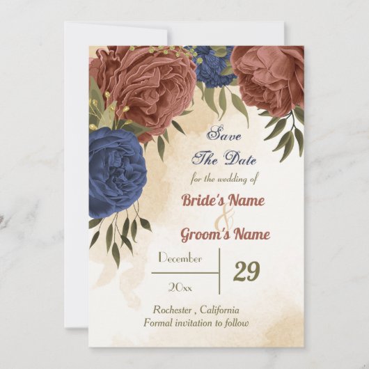 terracotta marine blauw bloemengroen save the date (Voorkant)