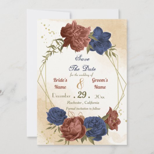 terracotta marine blauw bloemengroen save the date (Voorkant)