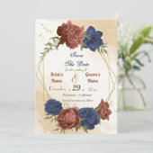 terracotta marine blauw bloemengroen save the date (Staand voorkant)