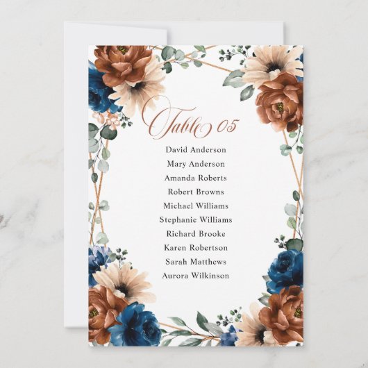 Terracotta Marine Blauw Bruiloft Tafel zitplaatsen Kaart (Achterkant)