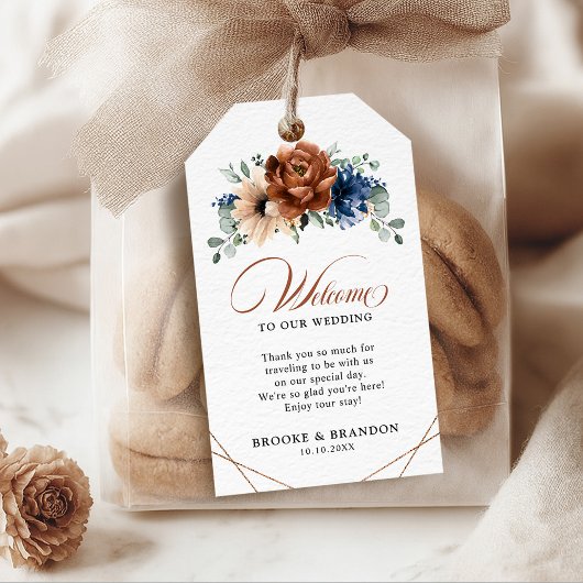 Terracotta Marine Blauw Geometrisch Bruiloft Welko Cadeaulabel