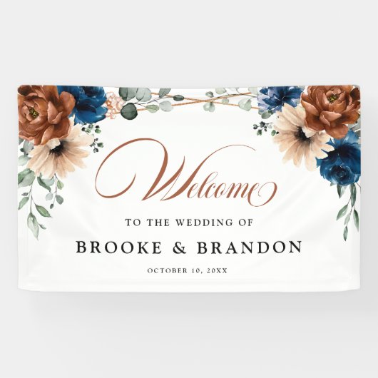 Terracotta Marine Blauw Geometrisch Bruiloft Welko Spandoek (Horizontaal)