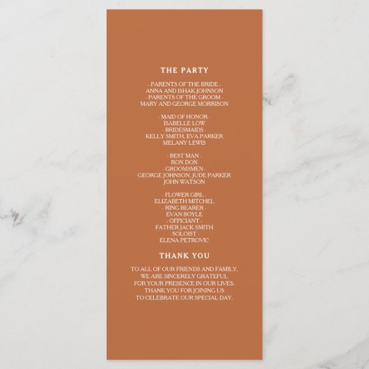 Terracotta Marine Blauw Huwelijksprogramma Programmakaart (Achterkant)