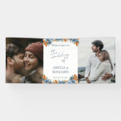 Terracotta marine blauw roest foto bruiloft welkom spandoek (Horizontaal)