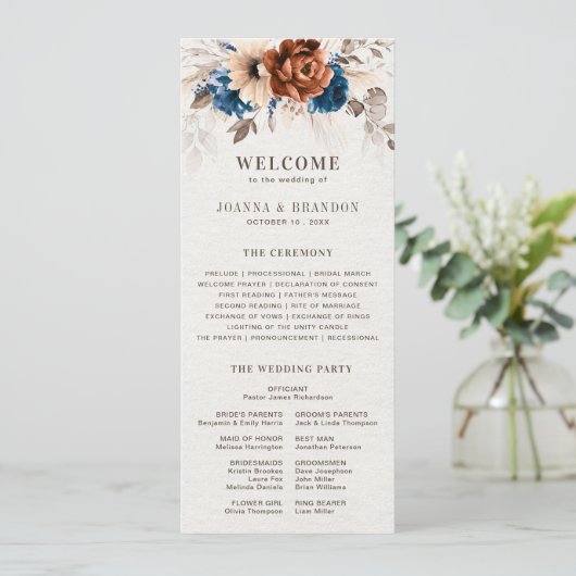 Terracotta Marine Blauw Trouwmenu met Programma Programmakaart (Staand voorkant)