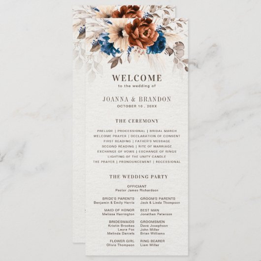 Terracotta Marine Blauw Trouwmenu met Programma Programmakaart (Voorkant / Achterkant)