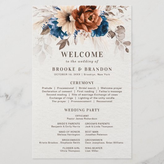 Terracotta Marine Blauw Trouwprogramma met Menu (Voorkant)