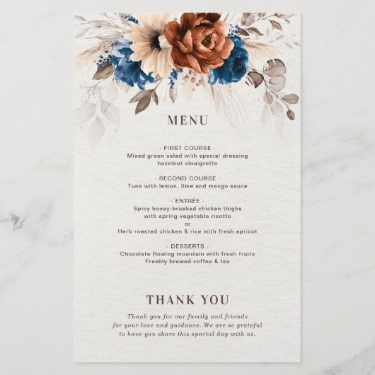 Terracotta Marine Blauw Trouwprogramma met Menu (Achterkant)