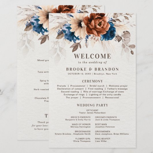 Terracotta Marine Blauw Trouwprogramma met Menu (Voorkant / Achterkant)