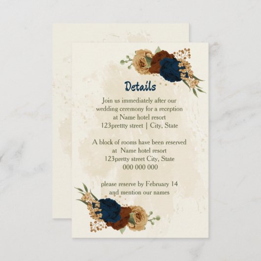 Terracotta Marine Bloemen Trouwdetails Informatiekaartje (Voorkant / Achterkant)