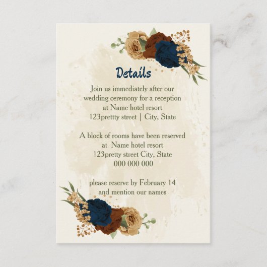 Terracotta Marine Bloemen Trouwdetails Informatiekaartje (Voorkant)