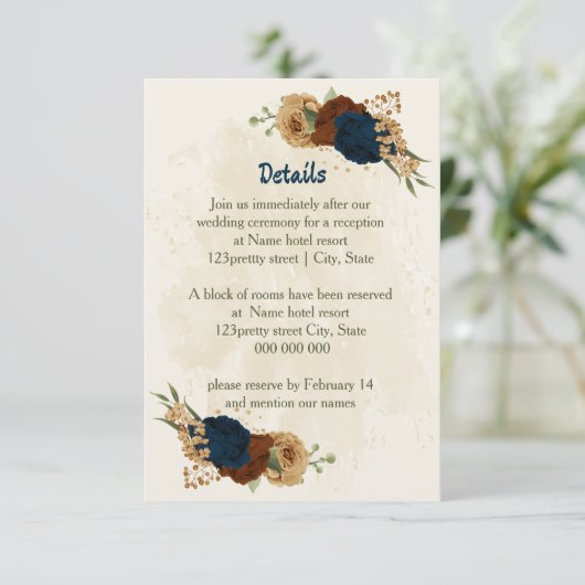 Terracotta Marine Bloemen Trouwdetails Informatiekaartje (Staand voorkant)