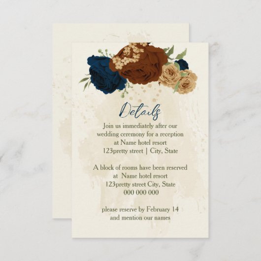 Terracotta Marine Bloemen Trouwdetails Informatiekaartje (Voorkant / Achterkant)