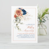 Terracotta & marineblauw bloemenbruiloft Jubileum Kaart (Staand voorkant)