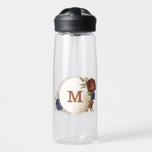 terracotta marineblauw bloemig groen monogram waterfles