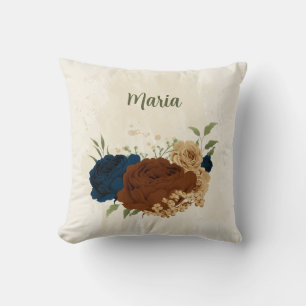 terracotta marineblauw bloemmotief kussen