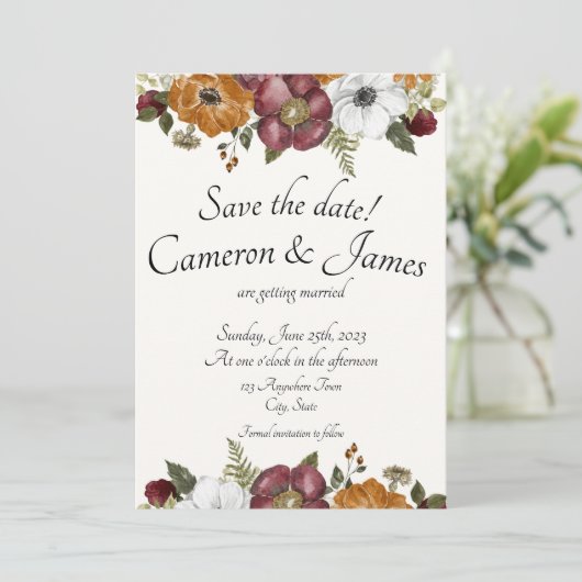 Terracotta & Maroon Boho Wildflower Tuin Bruiloft Save The Date (Staand voorkant)