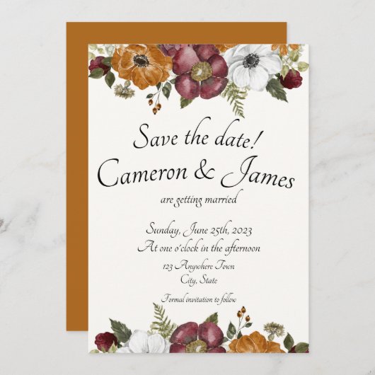 Terracotta & Maroon Boho Wildflower Tuin Bruiloft Save The Date (Voorkant / Achterkant)