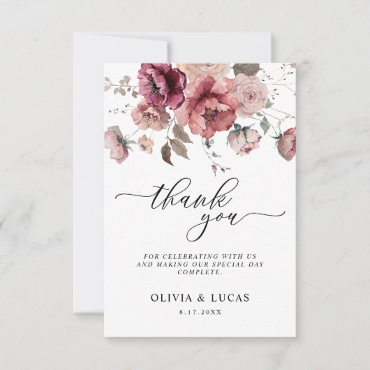 Terracotta Marsala Bourgondië Bloemenval bruiloft Bedankkaart (Voorkant)