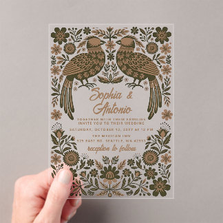 Terracotta Mexican Birds Otomi Floral Wedding Acryl Uitnodigingen