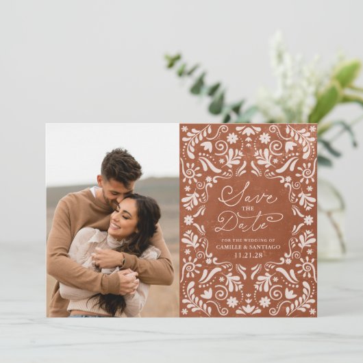 Terracotta Mexican Wedding Save the Date Briefkaar (Staand voorkant)