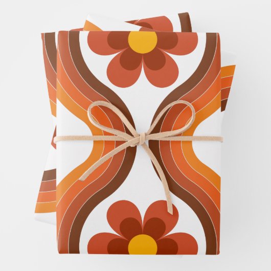 Terracotta Mid Century Modern Floral Rainbow Retro Inpakpapier Vel (In situ)