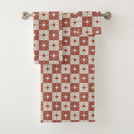 Terracotta Mid-Century Modern Starburst Pattern Bad Handdoek (Insitu)