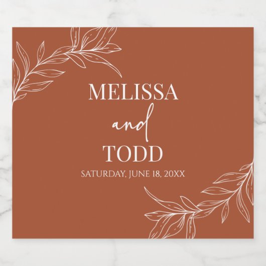 Terracotta Minimaal Minimalistisch Tak Blad Bruilo Sparkling Wijnetiket (Enkel label)