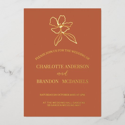 Terracotta Minimal Floral Wedding Gold Folie Uitnodiging (Voorkant)