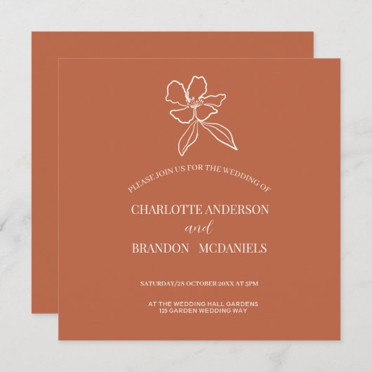 Terracotta Minimal Floral Wedding Invitation (Voorkant / Achterkant)