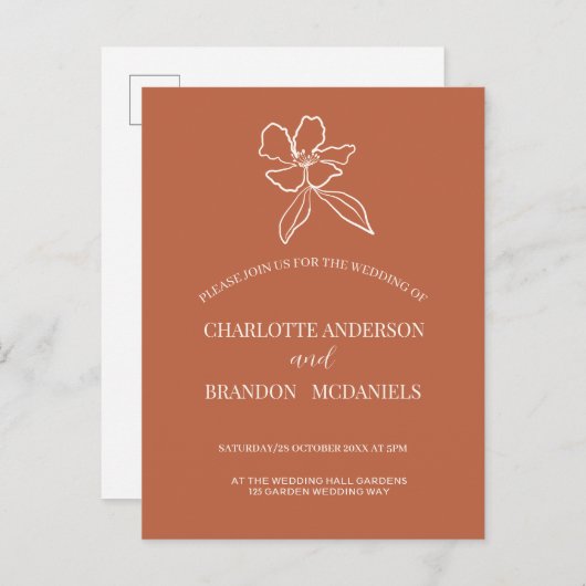 Terracotta Minimal Floral Wedding Invitation Uitnodiging Briefkaart (Voorkant / Achterkant)