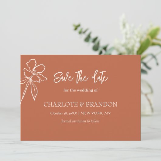 Terracotta Minimal Floral Wedding Save the Date (Staand voorkant)