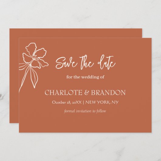 Terracotta Minimal Floral Wedding Save the Date (Voorkant / Achterkant)