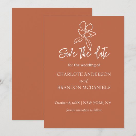Terracotta Minimal Floral Wedding Save the Date (Voorkant / Achterkant)