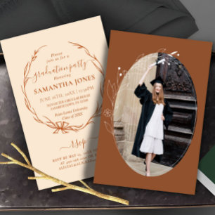 Terracotta Minimal Foliage Photo Graduation Party Kaart