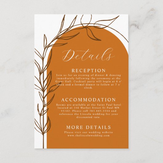 Terracotta Minimal Wedding Details Enclosure Card Informatiekaartje (Voorkant)