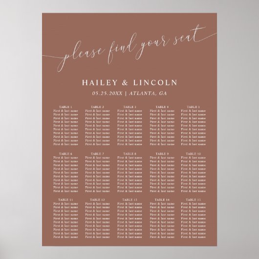 Terracotta Minimal Wedding Seating Chart Poster (Voorkant)