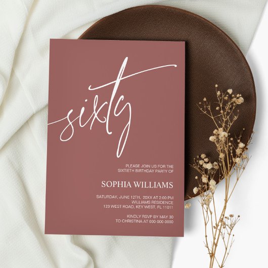 Terracotta Minimalist 60th Birthday Invitation Kaart